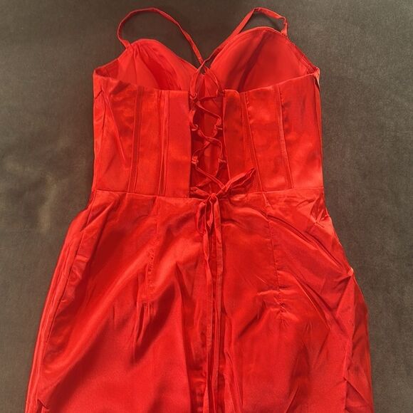 Red Satin Full Length Prom Party Formal Dress CrissCross Straps Leg Slit Size 8 - Picture 12 of 14